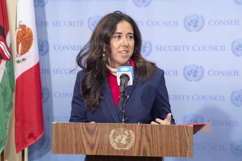 In this image provided United Nations Photo, United Arab Emirates (UAE) Ambassador Lana Zaki Nusseibeh, speaks during a flag installation ceremony for new members of the United Nations Security Council, Tuesday, Jan. 4, 2022, at U.N. headquarters. UAE, Albania, Brazil, Gabon and Ghana were elected as the five non-permanent member nations to the Council for the term 2022-2023. (Eskinder Debebe/United Nations Photo via AP)
