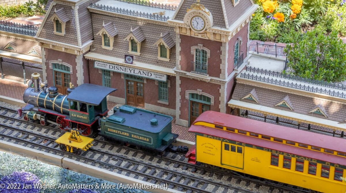 Miniature Disneyland Railroad train at the Main Street, U.S.A. station
