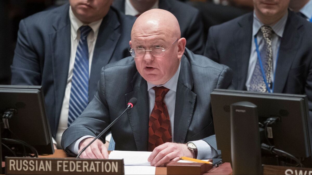 Russian Ambassador to the United Nations Vassily Nebenzia speaks during a Security Council meeting on the situation in Syria at U.N. headquarters on Feb. 22.
