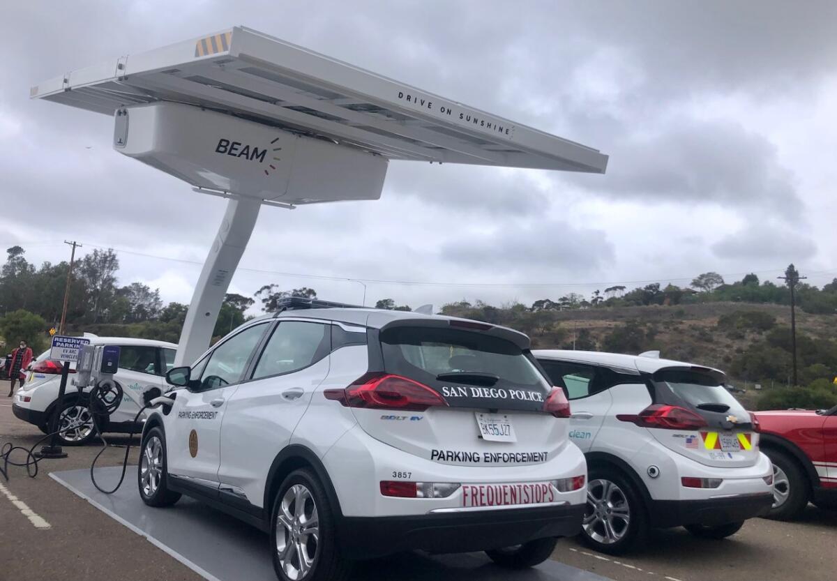 An Electric Vehicle Autonomous Renewable Charger the city of San Diego's electric fleet is using in a pilot project.