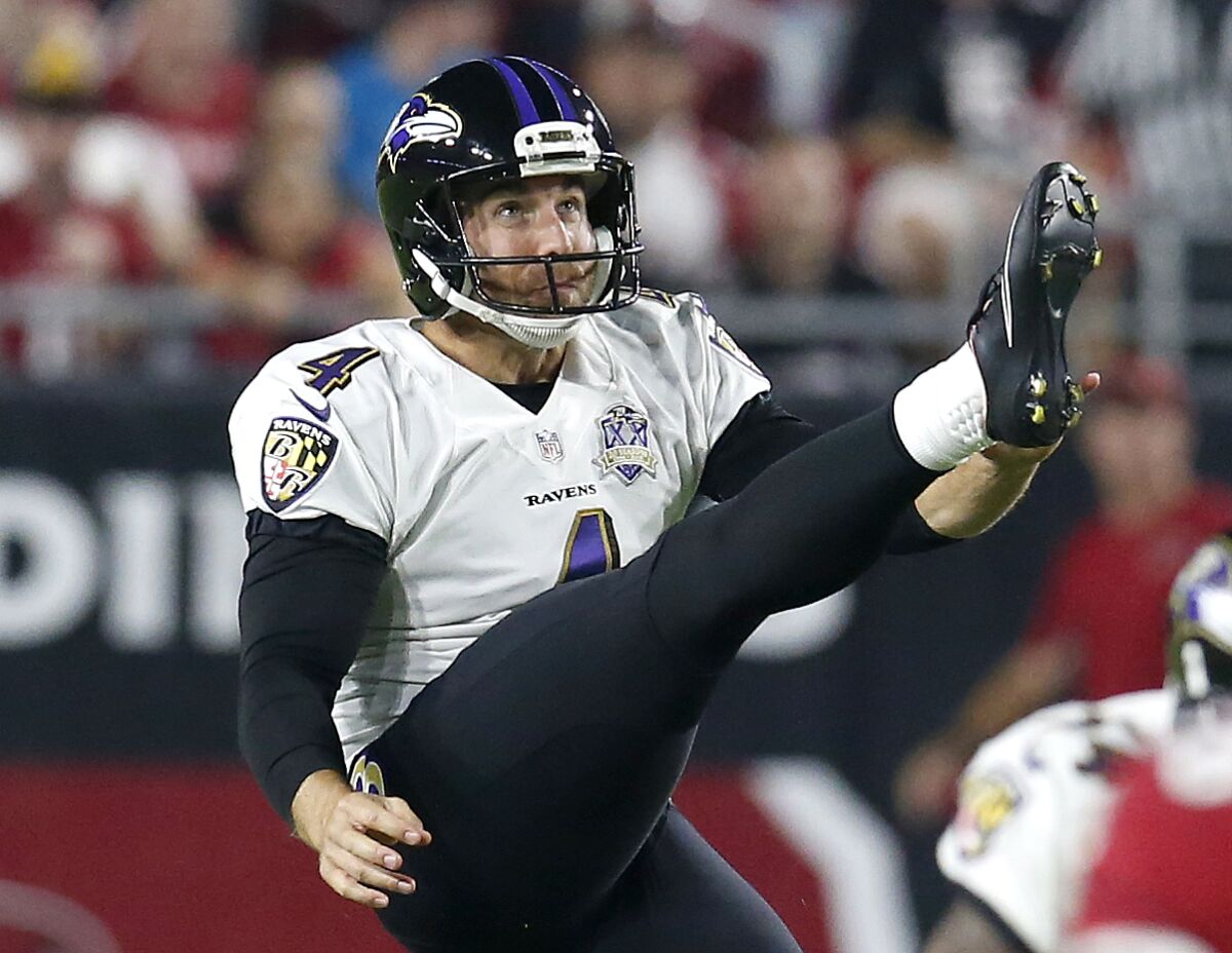 FILE - Baltimore Ravens punter Sam Koch (4) punts during an NFL football game against the Arizona Cardinals, in Glendale, Ariz., Oct. 26, 2015. Longtime Ravens punter Sam Koch retired Thursday, May 19, 2022, and will join the Baltimore coaching staff as a special teams consultant. (AP Photo/Rick Scuteri, File)
