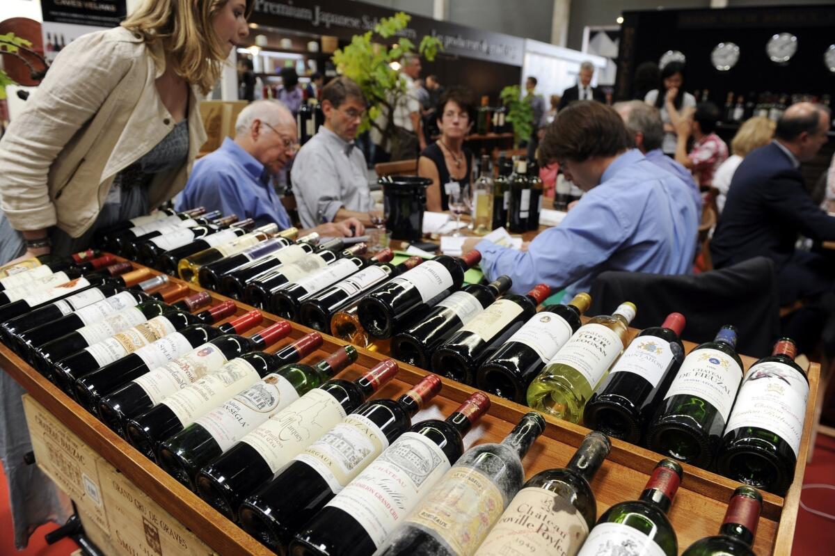 Wine on display in 2011 as part of Vinexpo, the world's biggest wine and spirits trade fair, in Bordeaux-Lac, southwestern France.