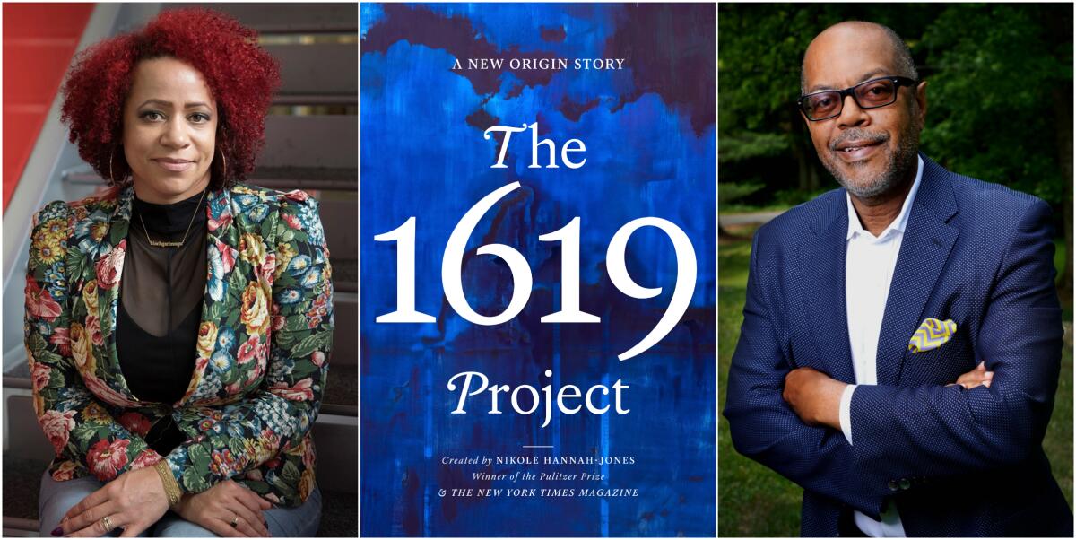 Photos of Nikole Hannah-Jones and of Kevin Merida flank the cover of Hannah-Jones' book “The 1619 Project."

