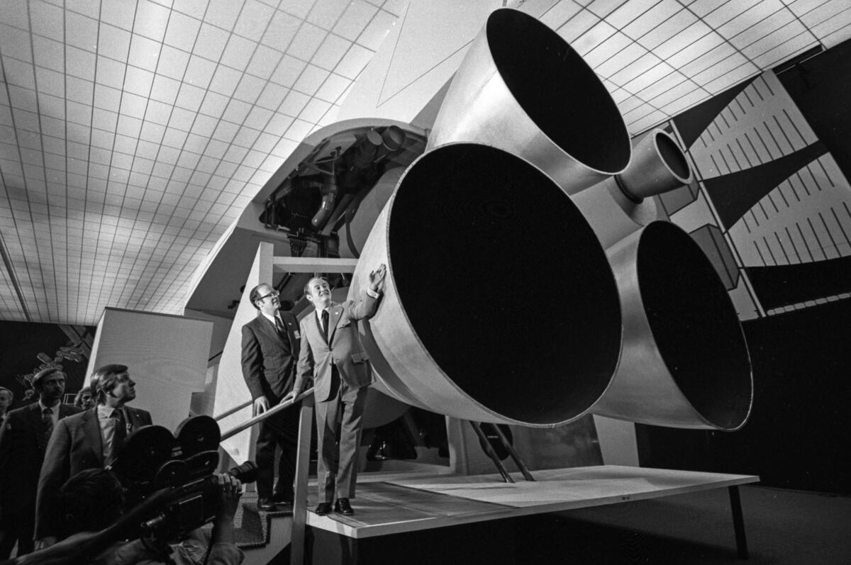 June 5, 1972: Sen. Hubert H. Humphrey inspects a mockup of the engine section of a space shuttle during a visit to a North American Rockwell plant in Downey.