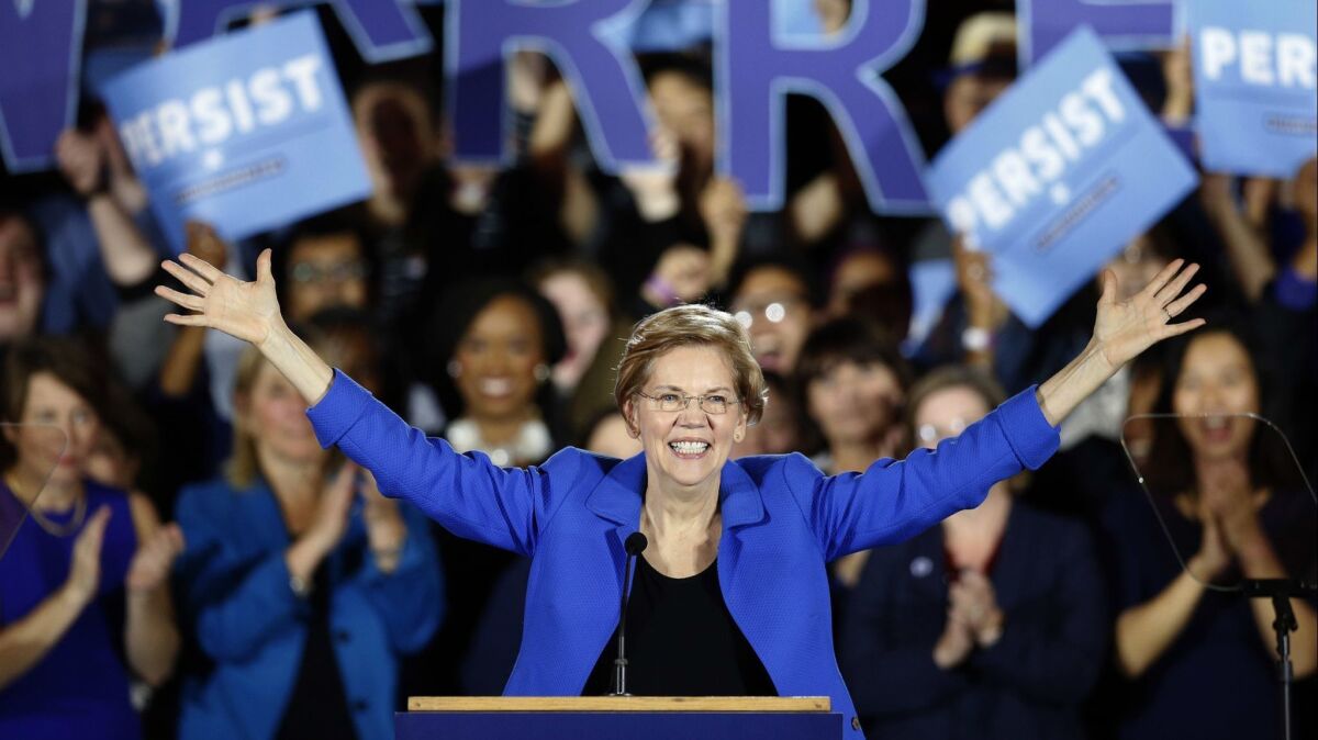 Sen. Elizabeth Warren (D-Mass.) gives her victory speech at a Democratic election watch party on Nov. 6.