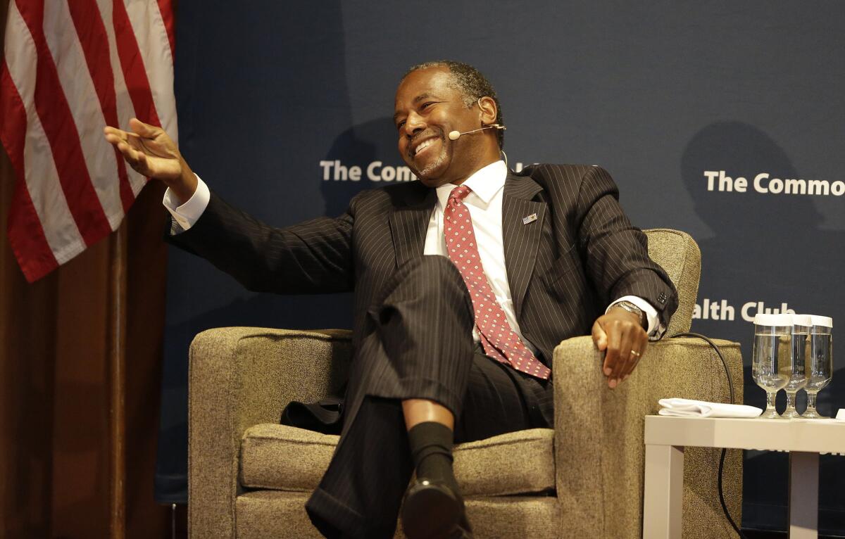 Republican presidential candidate Dr. Ben Carson, who spoke Tuesday in San Francisco, has risen to second place in several polls of GOP primary voters who are drawn to his commitment to his faith and political-outsider status.