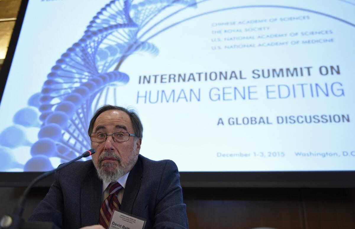 Nobel laureate David Baltimore of Caltech speaks at an international summit on the safety and ethics of human gene editing. Researchers are trying to use the technology to cure conditions like sickle cell disease.