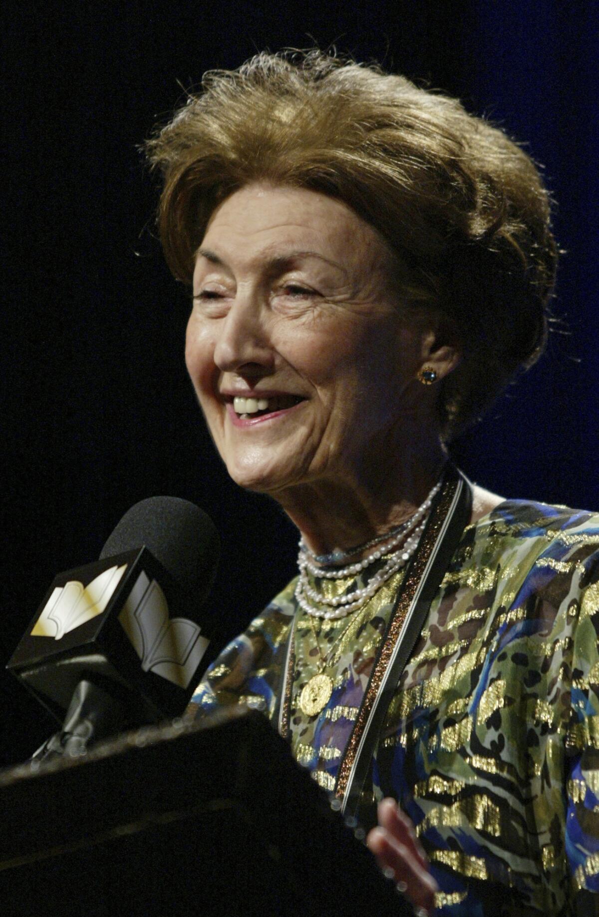 Shirley Hazzard makes her acceptance speech in 2003 after winning the fiction category at the 2003 National Book Awards in New York City.