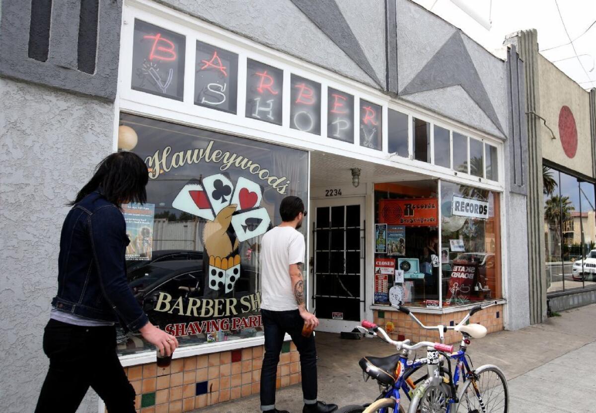 Hawleywood's Barber Shop & Shaving Parlor in Long Beach, shown in April, was sued after it refused to cut a transgender man's hair.