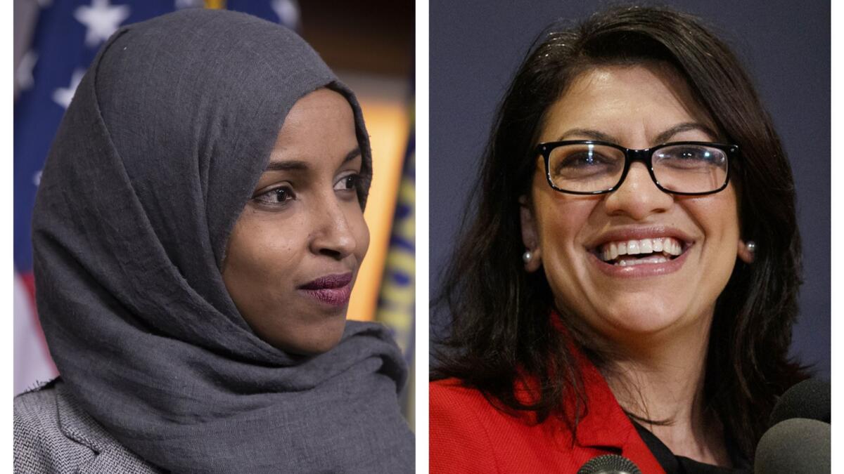 Reps. Ilhan Omar, D-Minn., left, and Rashida Tlaib, D-Mich., in Washington.