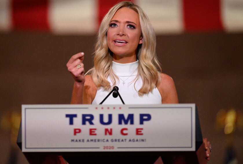 White House Press Secretary Kayleigh McEnany addresses the Republican National Convention in a prerecorded speech