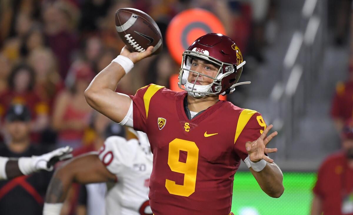 USC's Kedon Slovis passes against Fresno State.