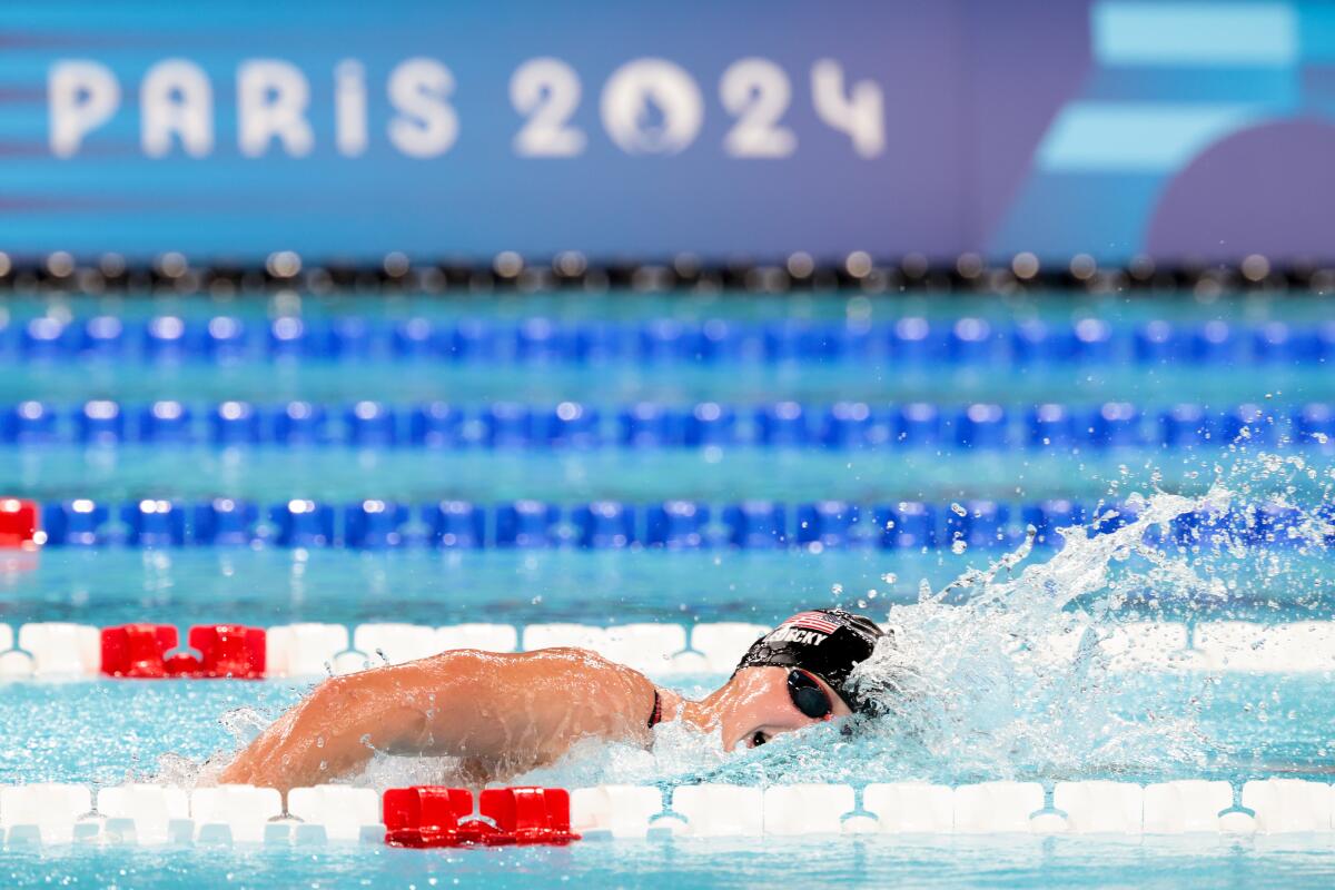 Katie Ledecky competes in women's 1,500-meter freestyle final at La Defense Arena on Wednesday in Nanterre, France.