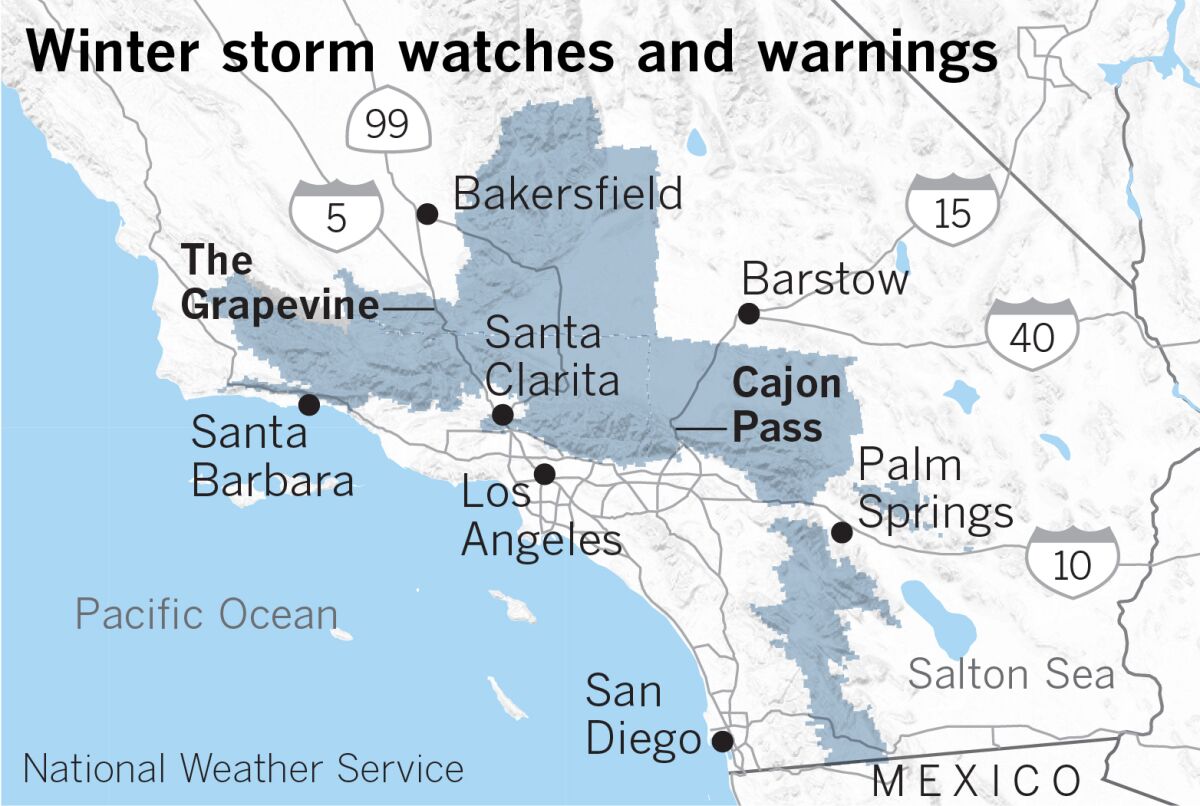Map of winter storm warnings across Southern California