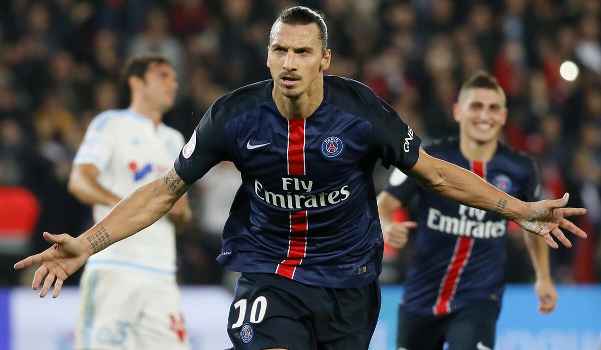 Paris Saint Germain's Zlatan Ibrahimovic celebrates scoring a second penalty kick during a match on Oct. 4, 2015.