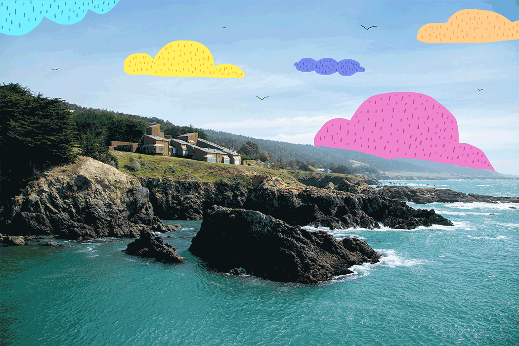 Illustrations of pastel clouds are superimposed on a photo of a dramatic seashore with a blocky brown building.