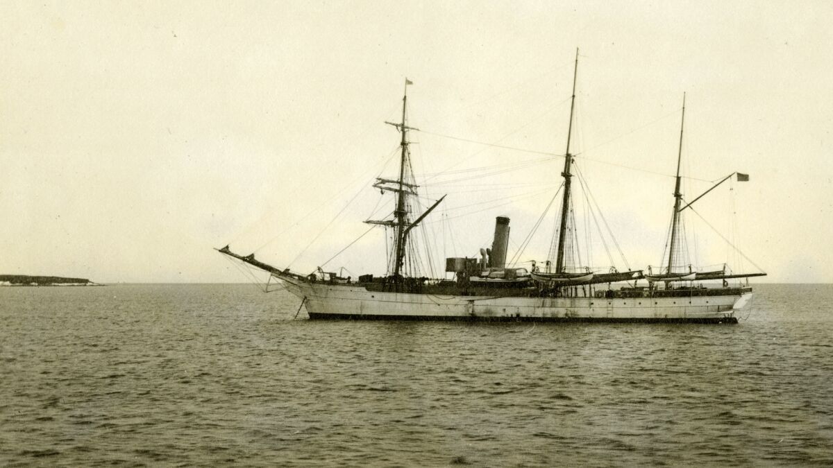 In this July 1908 photograph provided by the U.S. Coast Guard Historian's Office, the U.S. Revenue Cutter Bear sits at anchor while on Bering Sea Patrol off Alaska. The wreckage of the storied vessel, that served in two World Wars and patrolled frigid Arctic waters for decades, has been found, the Coast Guard said Tuesday, Oct. 12, 2021. (U.S. Coast Guard Historian's Office via AP)