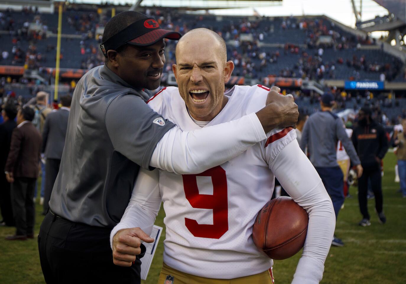 49ers kicker Robbie Gould (9) celebrates his game-winning field goal, his fifth of the day, to defeat his former team the Bears on Sunday, Dec. 3, 2017 at Soldier Field.