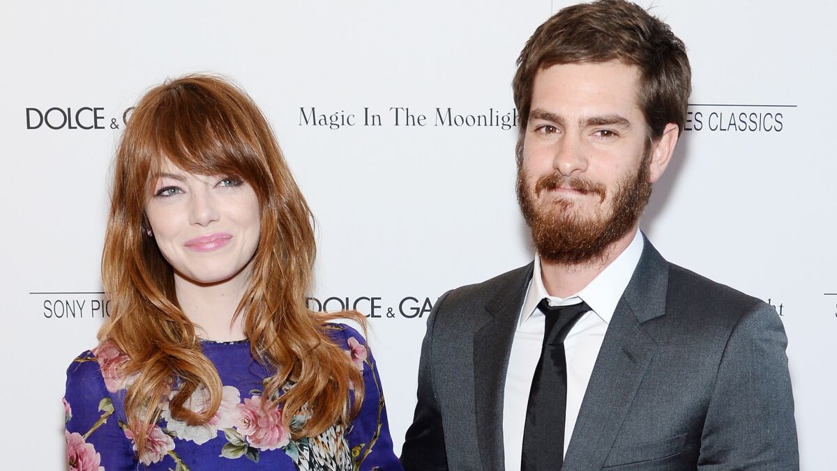Emma Stone and Andrew Garfield are photographed at the premiere of "Magic in the Moonlight" in New York on July 17, 2014.