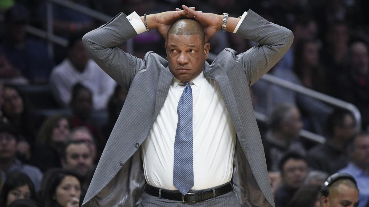 Clippers coach Doc Rivers reacts during a game after against the Utah Jazz in November 2017.