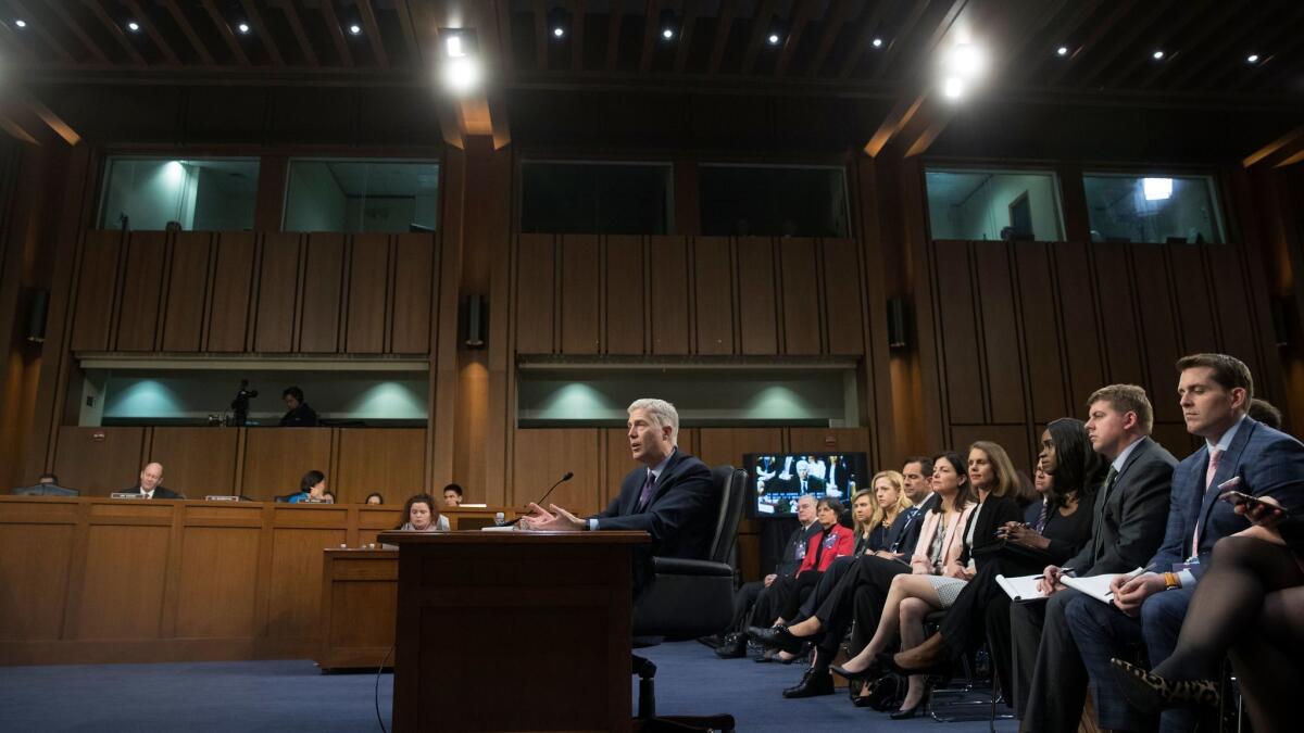 Neil Gorsuch appears before the Senate Judiciary Committee for his nomination to be an associate justice of the Supreme Court, on Capitol Hill on March 21.