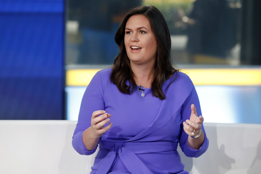 FILE - In this Friday, Sept. 6, 2019, file photo, Fox News contributor Sarah Sanders makes her first appearance on the "Fox & Friends" television program in New York. Sanders' campaign says she has raised nearly $5 million over the past three months in her bid to be Arkansas' next governor. Sanders' campaign on Thursday, April 15, 2021, announced the figure, which breaks the record for quarterly fundraising in the state.(AP Photo/Richard Drew, File)