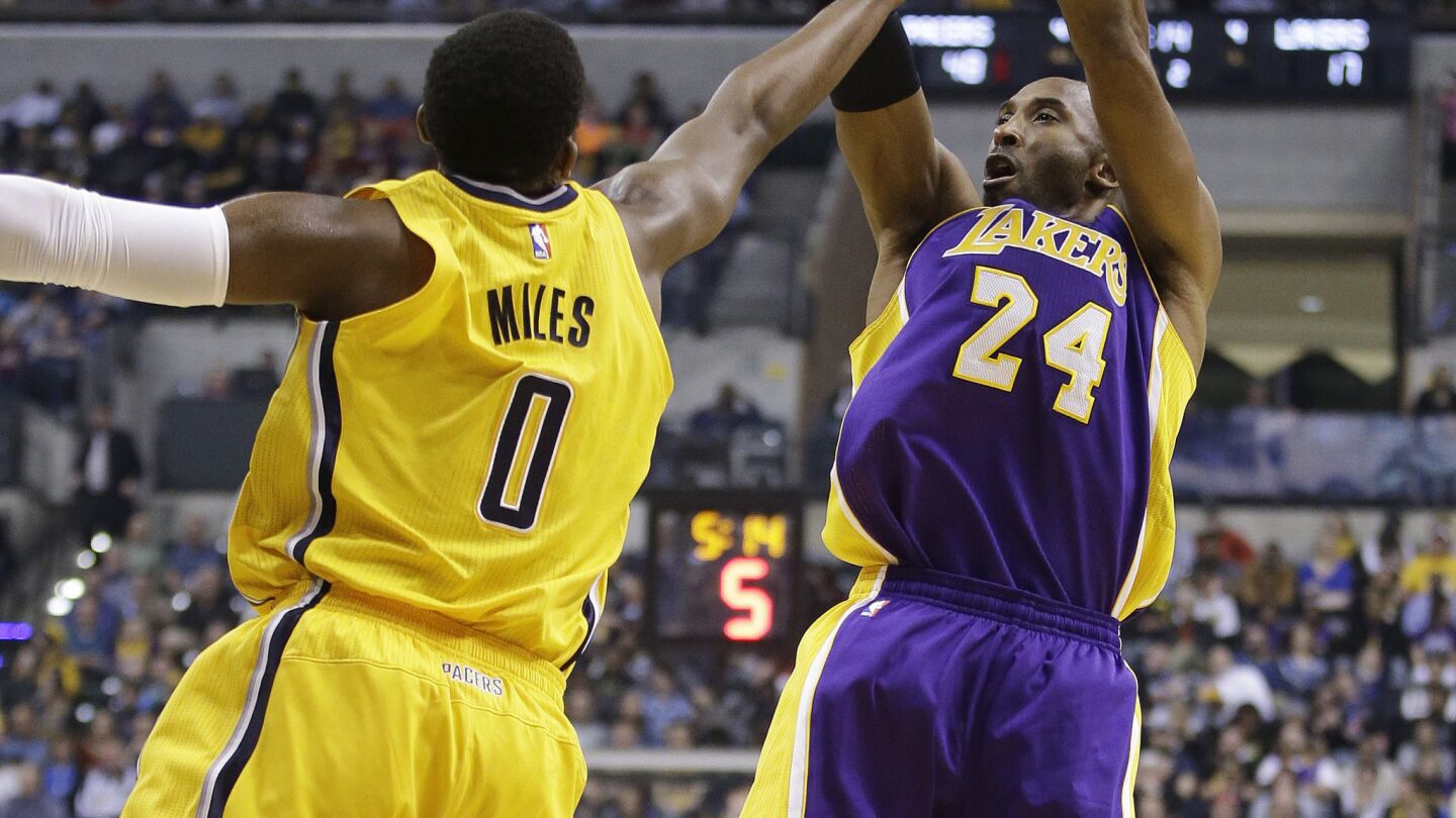 Lakers star Kobe Bryant shoots over Indiana Pacers guard C.J. Miles during the first half of Monday's game.
