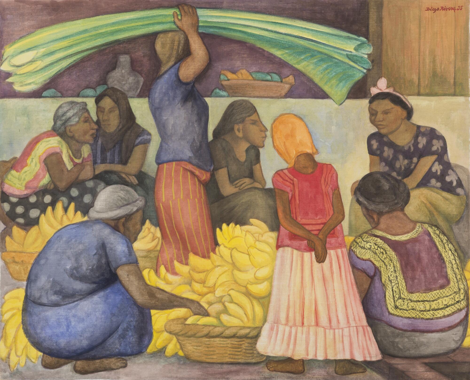 A painting by Diego Rivera shows a group of Indigenous women, some seated, plying bananas and other fruit at a market