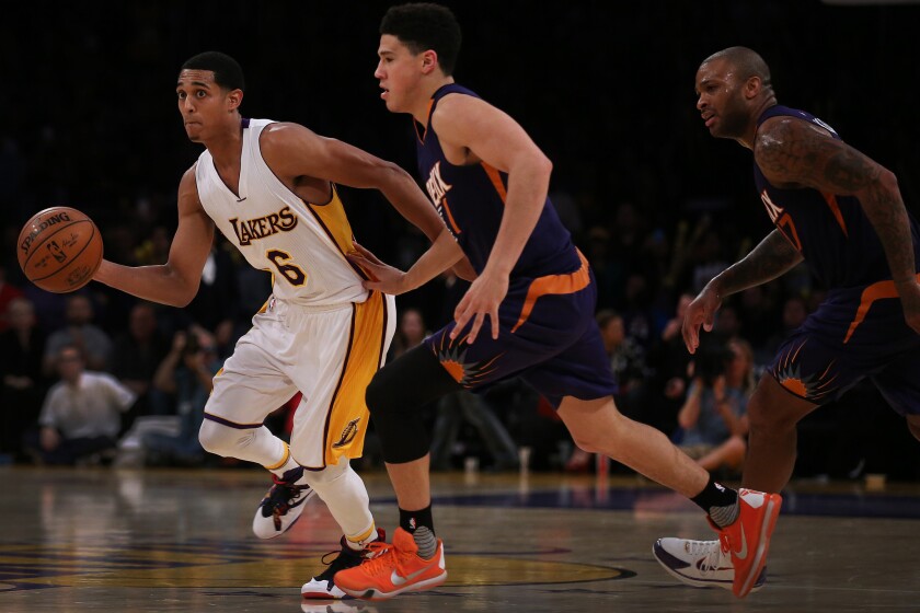 Lakers guard Jordan Clarkson drives by Suns guard Devin Booker.