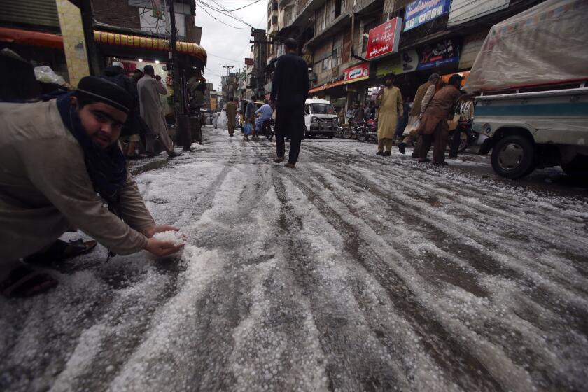 A man holds hailstones after heavy hailstones rain in Peshawar, Pakistan, Saturday, March 30, 2024. Heavy rains killed eight people, mostly children, and injured 12 in Pakistan's northwest, an official said Saturday. (AP Photo/Mohammad Sajjad)