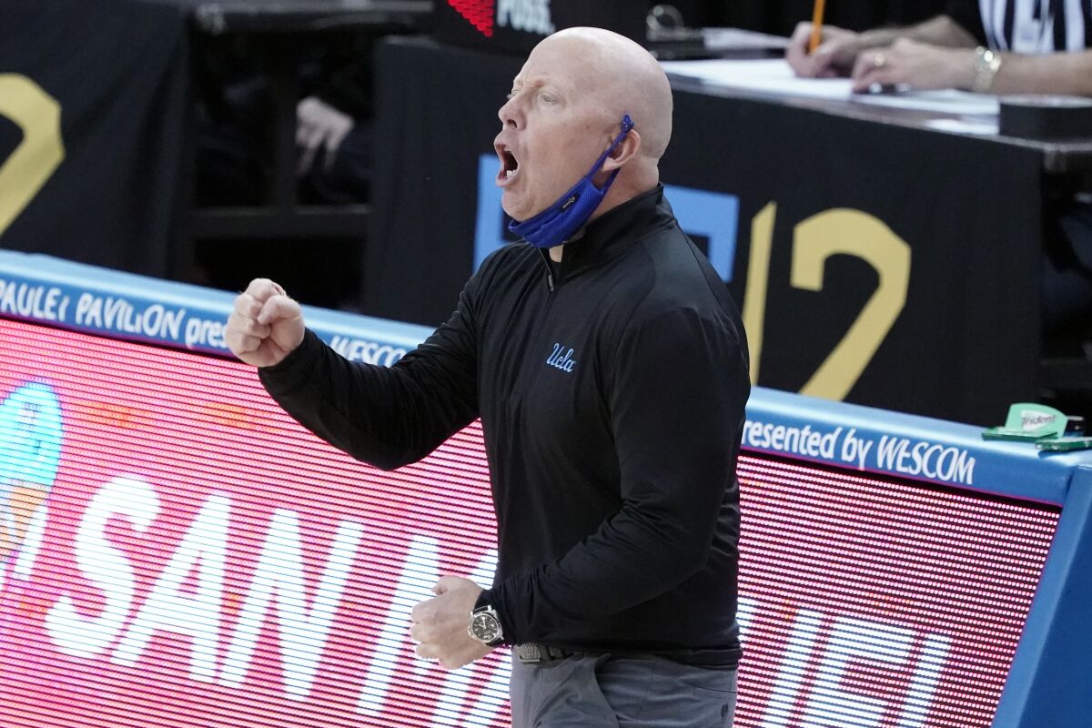 UCLA coach Mick Cronin shouts instructions to his players during Thursday's win over Utah at Pauley Pavilion.