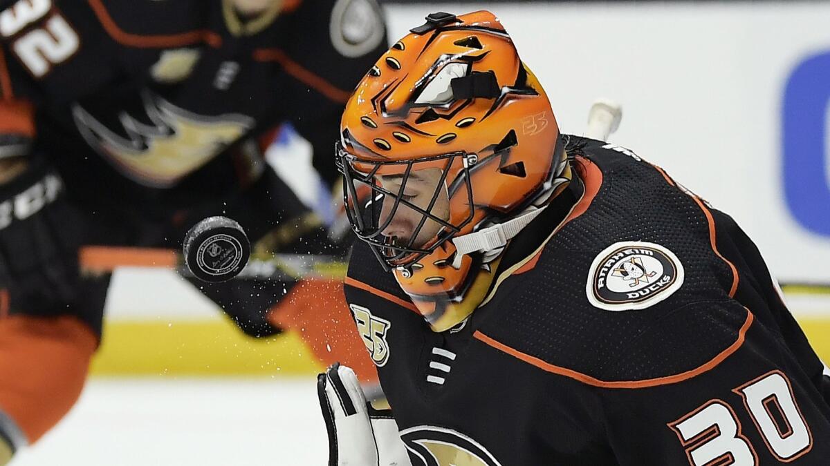 Ducks goaltender Ryan Miller stops a shot during the third period against the Philadelphia Flyers.