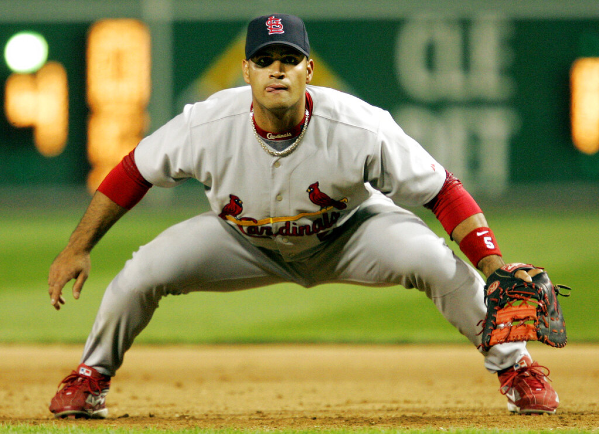 Albert Pujols mans his position against the Pittsburgh Pirates in 2006 while a member of the Cardinals.