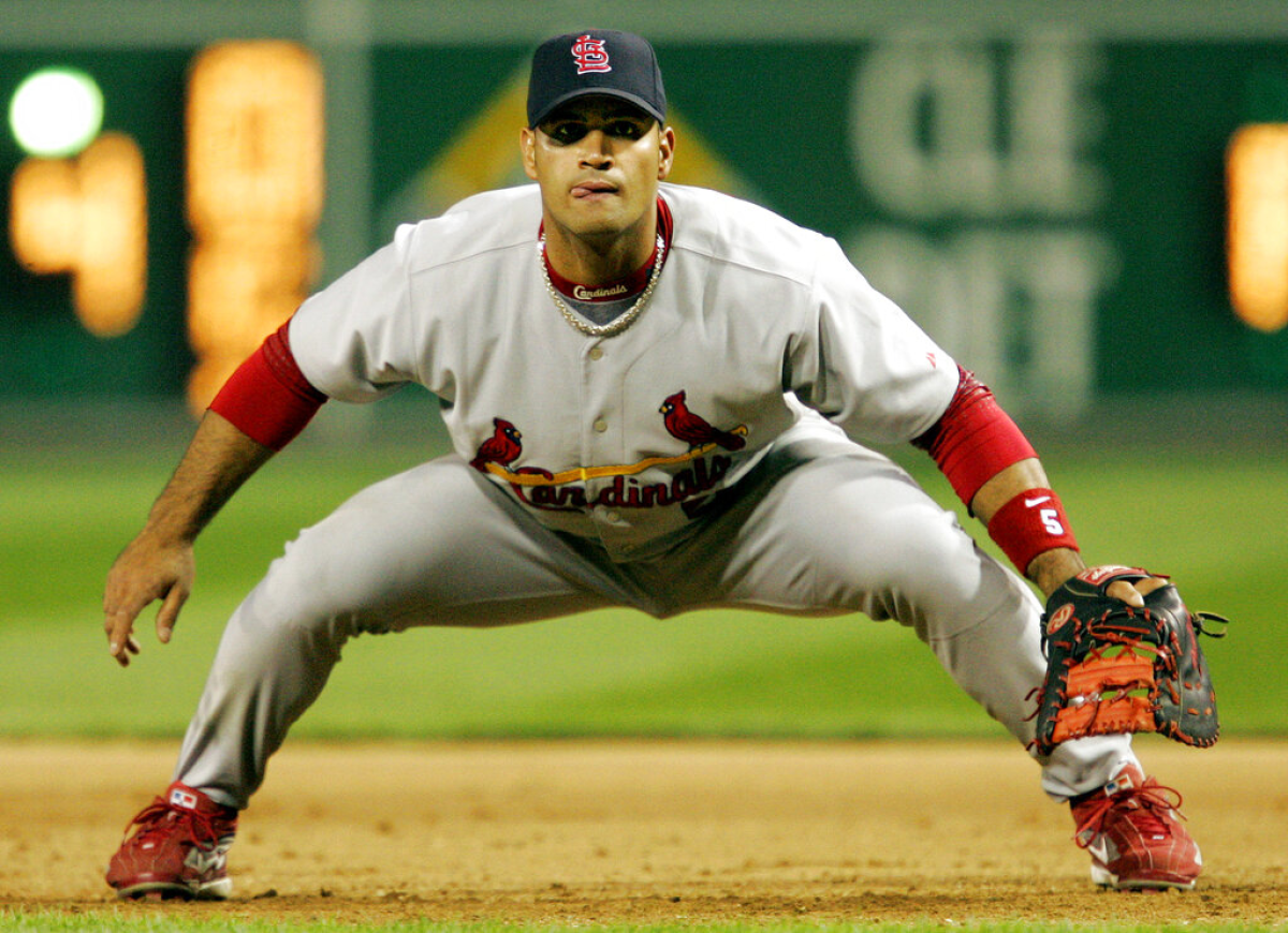 St.Louis Cardinals first baseman Albert Pujols gets set for a pitch during a game against the Pittsburgh Pirates in 2006.