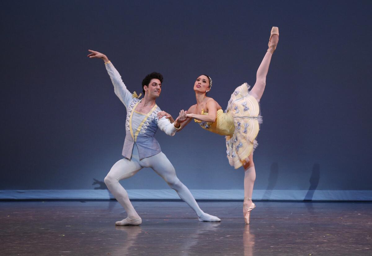 Tigran Sargsyan, left, and Lia Cirio, who substituted for an injured Los Angeles Ballet dancer, perform "Divertimento No. 15" at the Alex Theatre on Saturday. (Allen J. Schaben / Los Angeles Times)