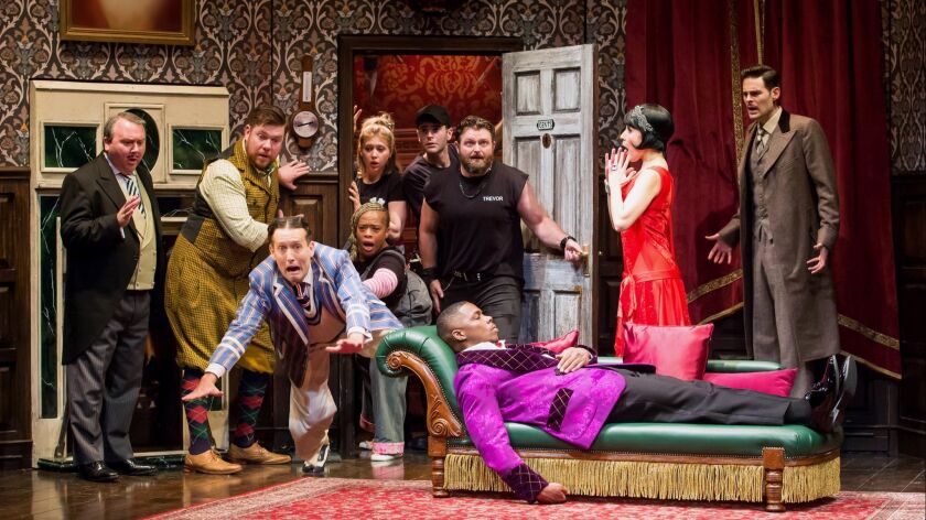The company of the national tour of "The Play That Goes Wrong," presented by Center Theatre Group at the Ahmanson Theatre through Aug. 11.