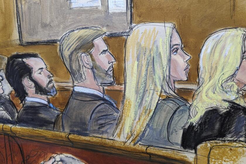 In this courtroom sketch, Tuesday, May 28, 2024, members of Donald Trump's family watch court proceedings, in New York. They are, from left: Michael Boulos, Tiffany Trump's husband; Donald Trump Jr.; Eric Trump; Lara Trump; and Tiffany Trump. (Elizabeth Williams via AP)