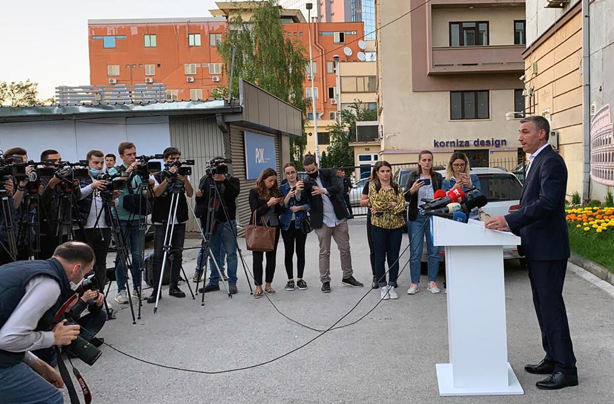 Kadri Veseli speaks in Pristina, Kosovo's capital, on June 24, 2020, after his indictment on war crimes charges.
