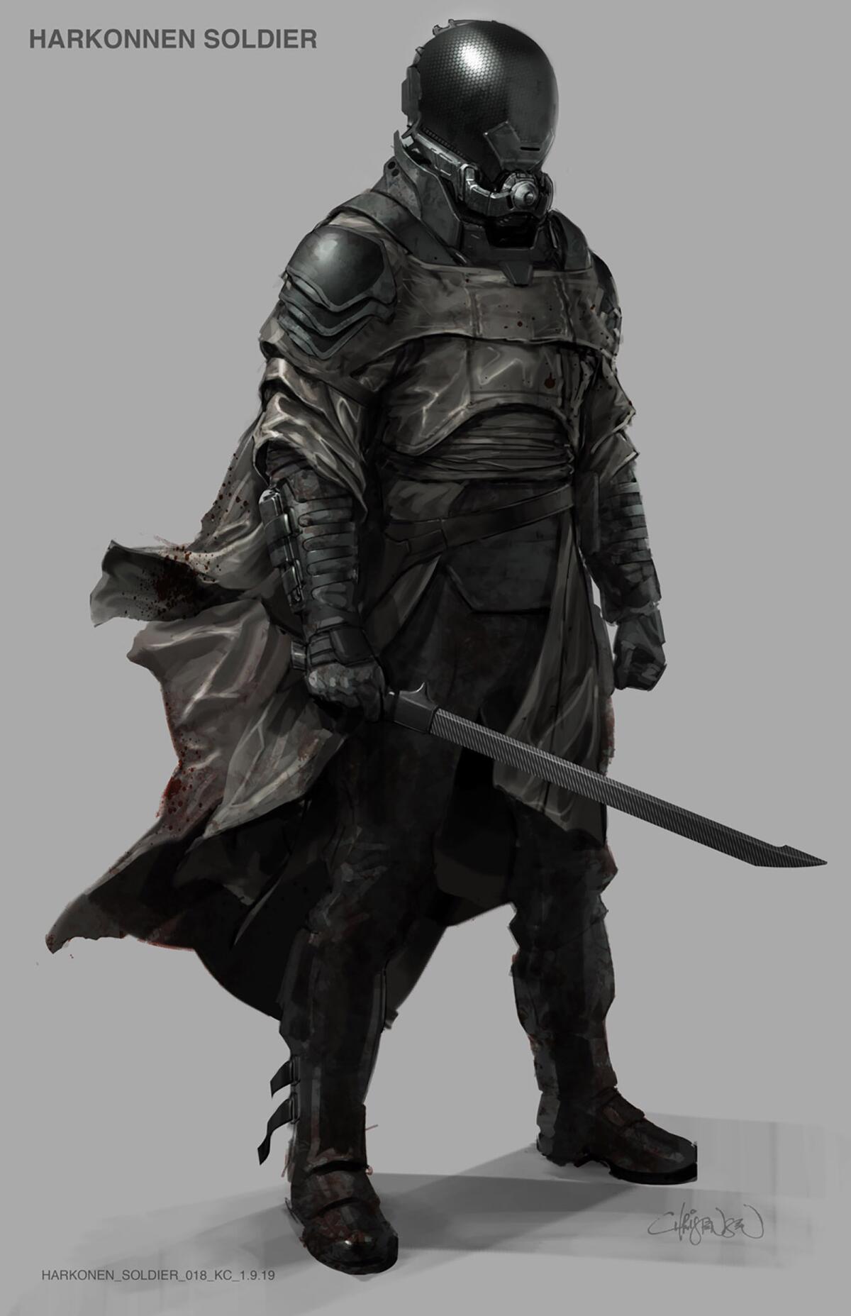 A soldier clad in black, with a smooth helmet and a sword