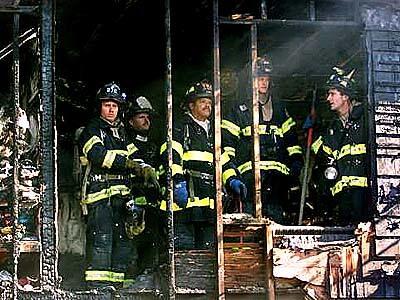 Firemen stand in the rubble of a burnt house after the crash of American Airlines flight #587