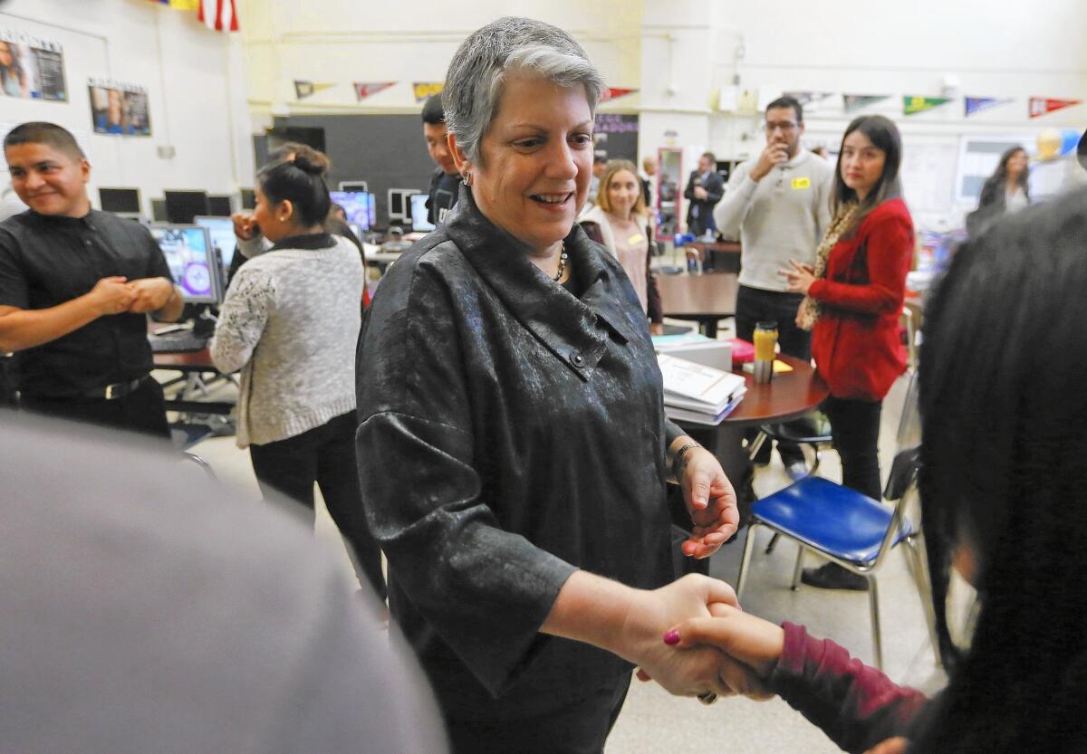 UC President Janet Napolitano meets with Manual Arts High School students in L.A. during a visit to the campus Thursday.