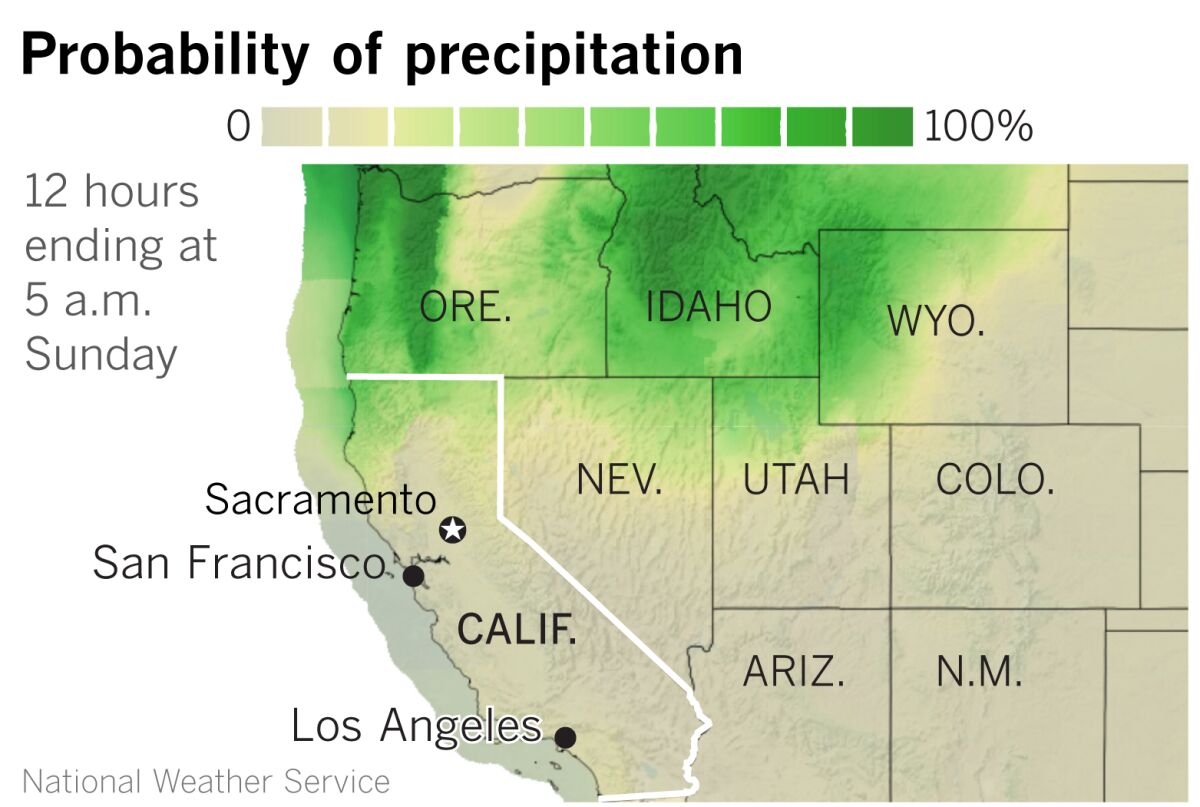 The probability of rain in California.