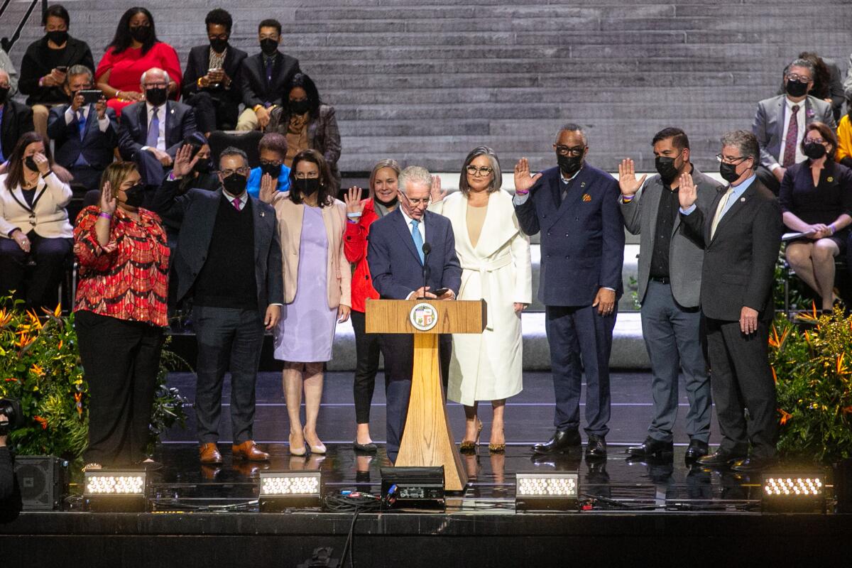  Council President Paul Krekorian administers the oath of office for the Los Angeles City Council. 