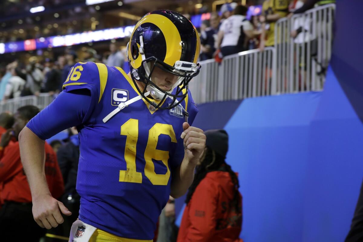 Los Angeles Rams' Jared Goff leaves the field after the NFL Super Bowl 53 football game against the New England Patriots, Sunday, Feb. 3, 2019, in Atlanta. The Patriots won 13-3.