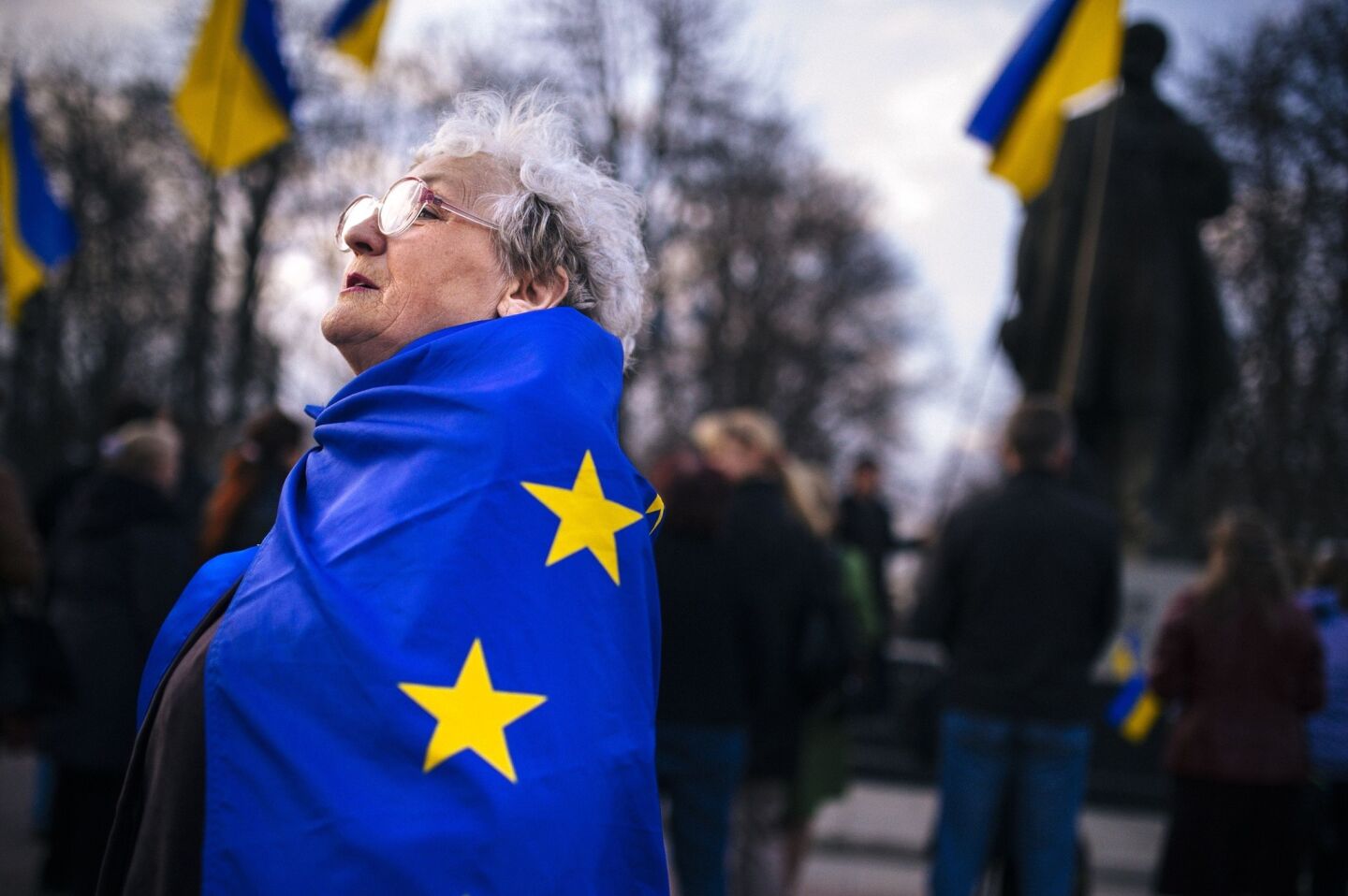 A woman wrapped in a European Union flag attends a pro-Ukraine rally in the eastern Ukrainian city of Lugansk.