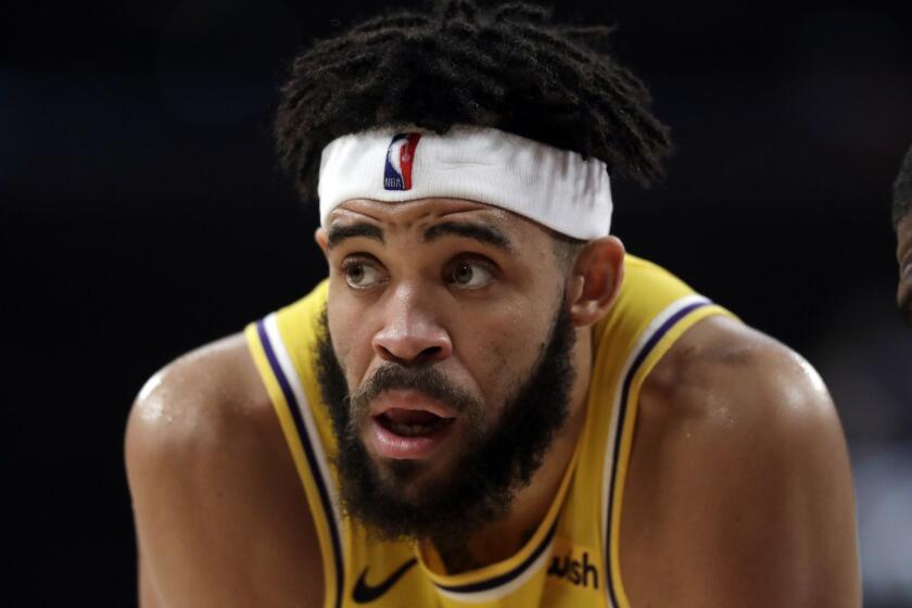 Los Angeles Lakers' JaVale McGee during the first half of an NBA basketball game against the Golden State Warriors Thursday, April 4, 2019, in Los Angeles. (AP Photo/Marcio Jose Sanchez)