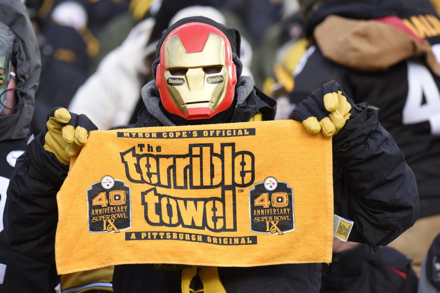 A Pittsburgh Steelers fan holds a Terrible Towel during the second half of an AFC Wild Card NFL football game against the Miami Dolphins in Pittsburgh, Sunday, Jan. 8, 2017. (AP Photo/Don Wright)