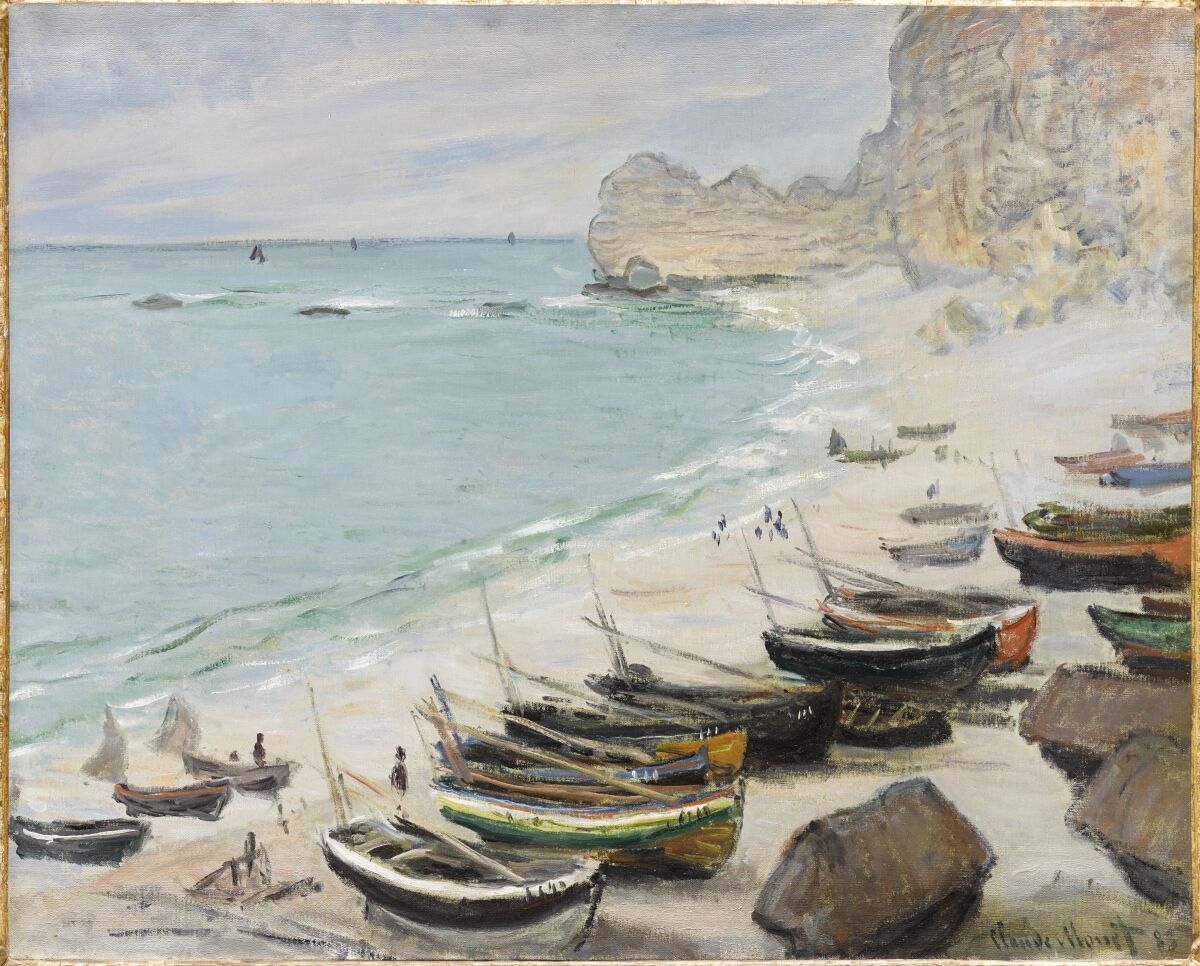 "Boats on the Beach at Étretat" by Claude Monet (1883, oil on canvas)