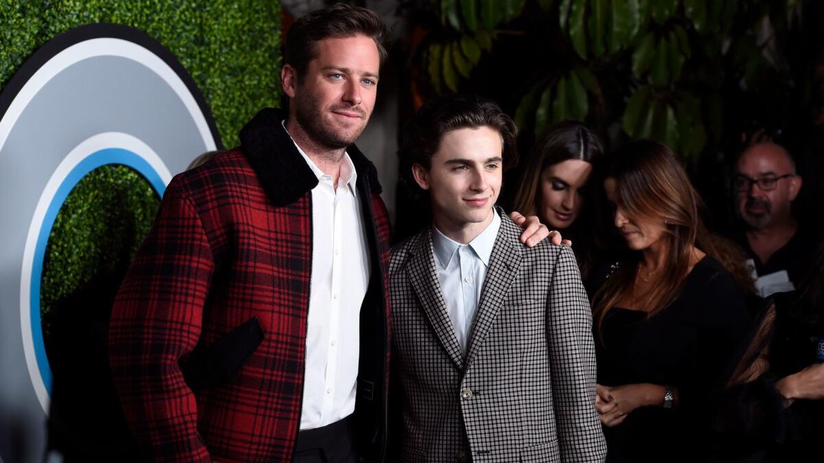 "Call Me by Your Name" costars Armie Hammer, left, and Timothée Chalamet at the GQ Men of the Year party.