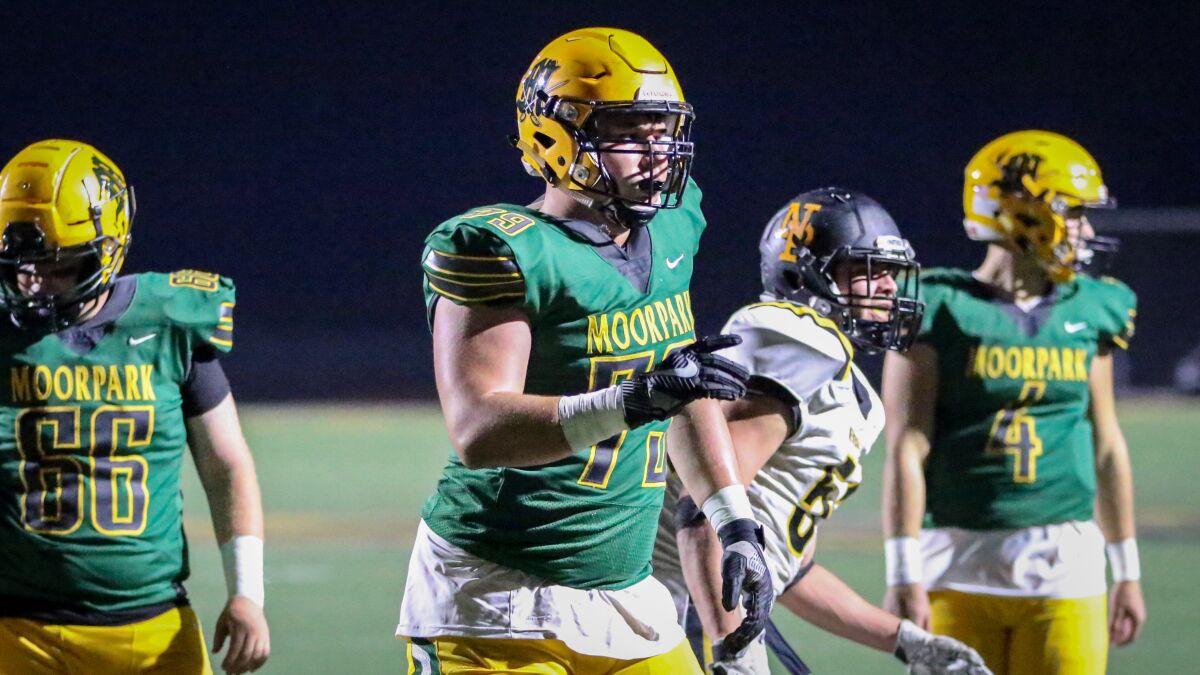 Moorpark offensive lineman Jonah Monheim watches a play during a game against Newbury Park on Nov. 1.